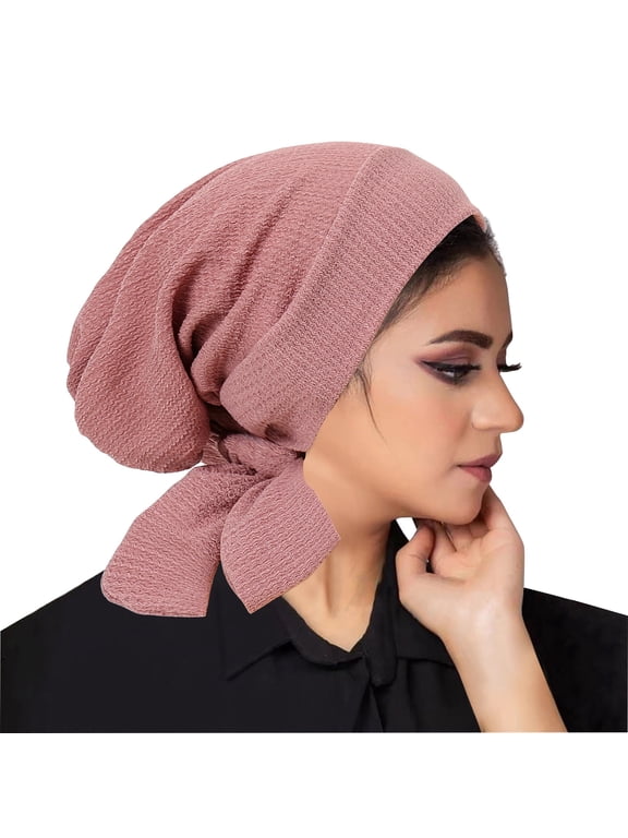 Women Crystal Linen Long Tail Headscarf Cap Wavy Pattern Elastic Brimless Hat for Ladies Fashion Daily Wear(Hot Pink,)
