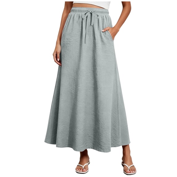 Floleo Women Elastic Drawstring High Waist Textured Waffle Ankle Maxi Skirt, Loose A-Line Side Pocket Solid Casual Long Skirt For Spring Summer Daily Vacation Dating Office Outfits(Gray,S)