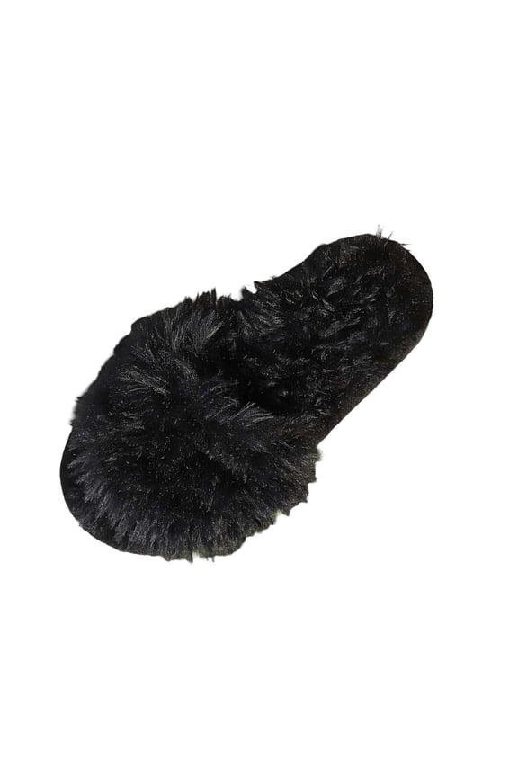 Women Extra Fluffy Long Faux Fur Open Toe Slide Slippers Solid Color Wide Strap Soft Flat Non Slip Sole Indoor Slides For Fall Winter Household Daily Rest Short Outdoor(Black,7.5-7.5)
