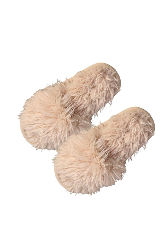 Women Extra Fluffy Long Faux Fur Open Toe Slide Slippers Solid Color Wide Strap Soft Flat Non Slip Sole Indoor Slides For Fall Winter Household Daily Rest Short Outdoor(Khaki,5.5-6)