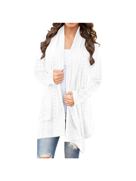Women Eyelet Hollow Out Open Front Cardigan Long Sleeve Asymmetric Draped Hem Lightweight Knit Casual Layering Outwear With Side Pockets For Spring Summer Daily Outfits(White,S)