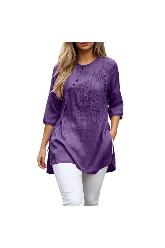 Women Floral Embroidery Mandarin Collar Tunics, Diagonal Frog Button 3/4 Sleeve Side Split Mid Length Blouses, Textured Woven Loose Breathable Spring Summer Daily Tops(Purple,M)