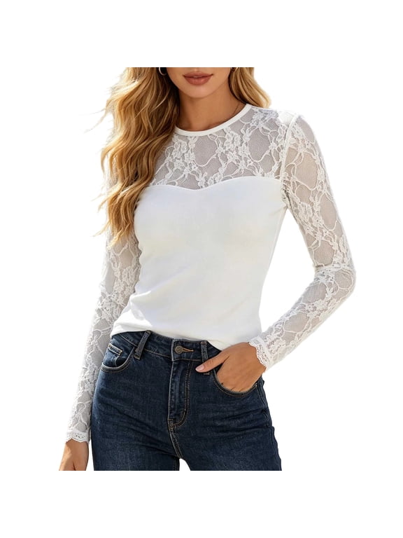 Women Floral Lace Splice Round Neck Tops, Sheer Mesh Long Sleeve Fitted Sweetheart Yoke Blouses, Stretch Knit Bodycon Layering Tunics, Spring Fall Date Party Daily Fashion Tops(White,XL)