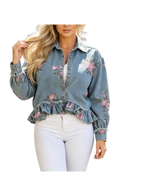 Women Floral Print Denim Jacket, Ladies Ruffled Hem Button Down Jean Coat, Long Sleeve Turn Down Collar Casual Cardigan, Lightweight Spring Fall Outerwear Top (Sky Blue,XL)