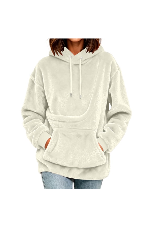 Women Fluffy Fleece Pomeranian Pocket Graphic Hooded Tops, Drawstring Loose Long Sleeve Pullover Sweatshirts, Solid Warm Relaxed Spring Fall Winter Daily Casual Fashion Blouses(Beige,M)