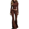 thumbnail image 1 of Floleo Women Fold Over High Neck Long Sleeve Cropped Top & Low Waist Flared Bell Bottom Pants Two Piece Matching Set For Daily Sports Street Dating Casual Outfits (Coffee,XL), 1 of 6