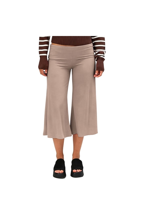 Women Fold Over High Waist Stretchy Knit Cropped Culottes Wide Leg Flowy Seven Length Yoga Trousers For Training Walking Daily Casual Outdoor Outfits(Khaki,L)