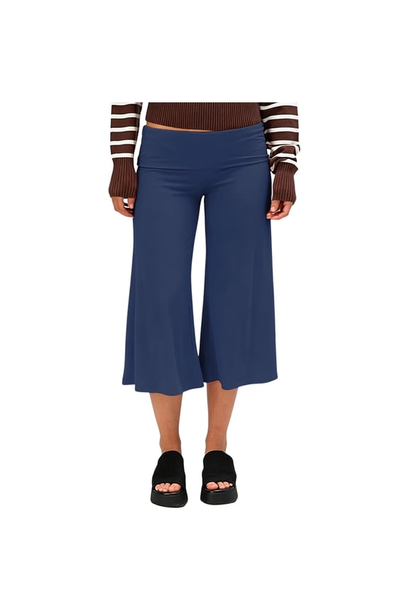 Women Fold Over High Waist Stretchy Knit Cropped Culottes Wide Leg Flowy Seven Length Yoga Trousers For Training Walking Daily Casual Outdoor Outfits(Navy,S)