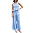 thumbnail image 1 of Floleo Women Gingham Two Piece Outfit Round Neck Sleeveless Ruffle Top Back Cutout High Waist Wide Leg Pants Summer Matching Set, 1 of 7