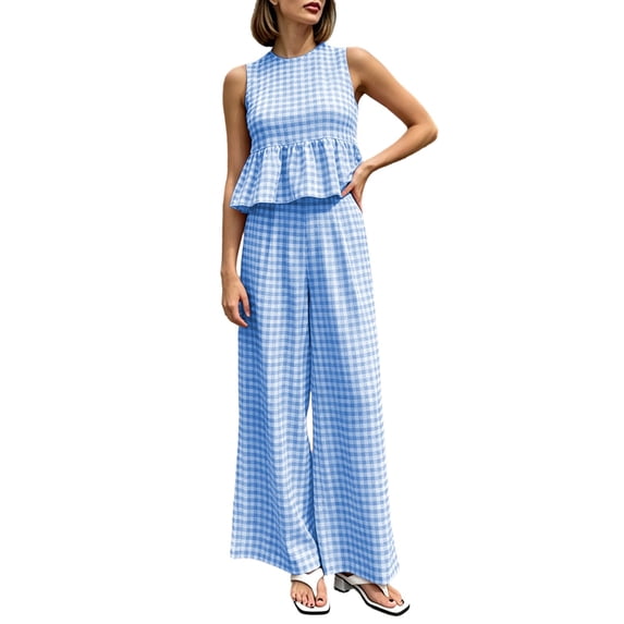 Floleo Women Gingham Two Piece Outfit Round Neck Sleeveless Ruffle Top Back Cutout High Waist Wide Leg Pants Summer Matching Set