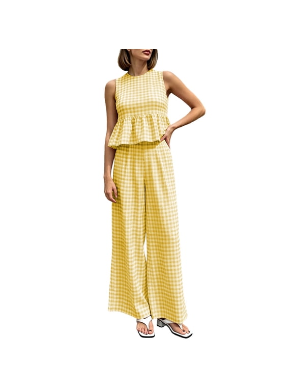 Women Gingham Two Piece Outfit Round Neck Sleeveless Ruffle Top Back Cutout High Waist Wide Leg Pants Summer Matching Set