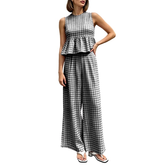 Floleo Women Gingham Two Piece Outfit Round Neck Sleeveless Ruffle Top Back Cutout High Waist Wide Leg Pants Summer Matching Set