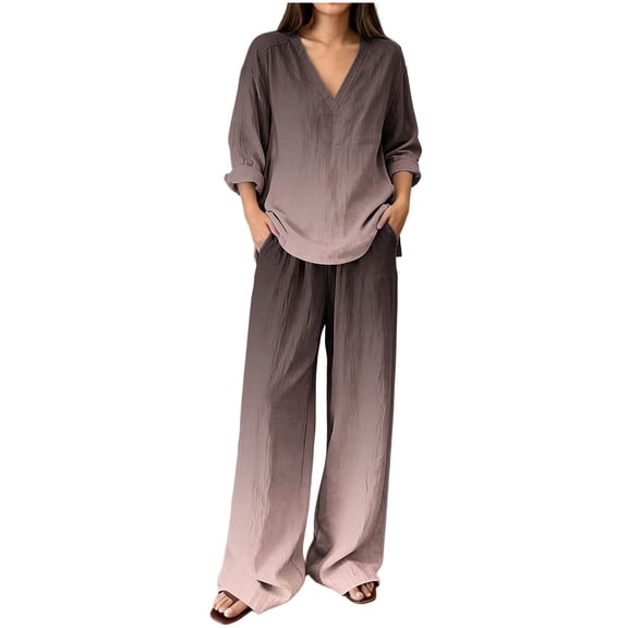 Floleo Women Gradient Two Piece Co Ord Outfits, V Neck Rollable Long Sleeve Blouse Elastic Waist Wide Leg Pants Casual Matching Suit With Side Pockets (Coffee,S)