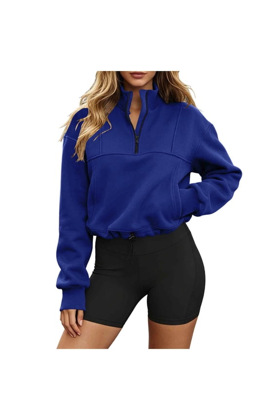 Women Half Zip Stand Collar Cropped Sweatshirt, Ladies Solid Drawstring Hem Long Sleeve Pullover Top, Soft Fleece Spring Fall Daily Sports Casual Blouse (Blue,S)