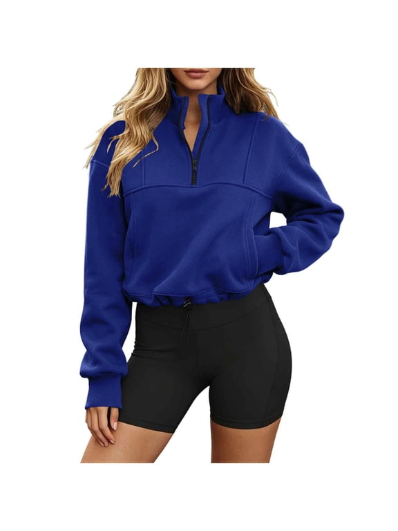 Women Half Zip Stand Collar Cropped Sweatshirt, Ladies Solid Drawstring Hem Long Sleeve Pullover Top, Soft Fleece Spring Fall Daily Sports Casual Blouse (Blue,S)