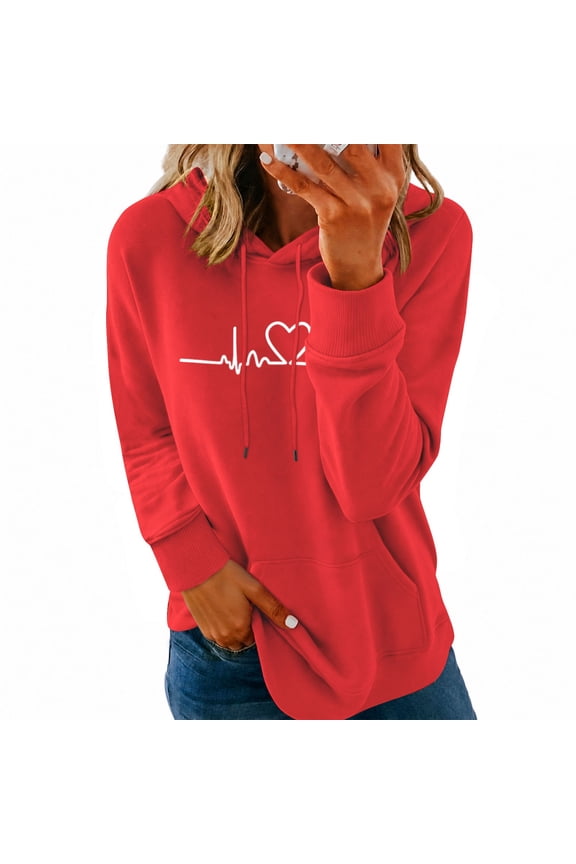 Women Heartbeat Heart Graphic Drawstring Hooded Long Sleeve Pullover Sweatshirt Front Kangaroo Pocket Soft Thick Fleece Casual Daily Top(Red,S)