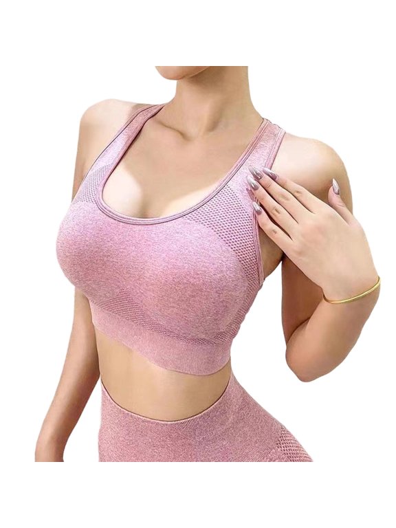 Women Heathered Mesh Racerback Sports Bra, U-Neck Yoga Tank Top, Seamless Breathable Workout Bralette, High Elasticity Activewear Underwear (Pink,M)