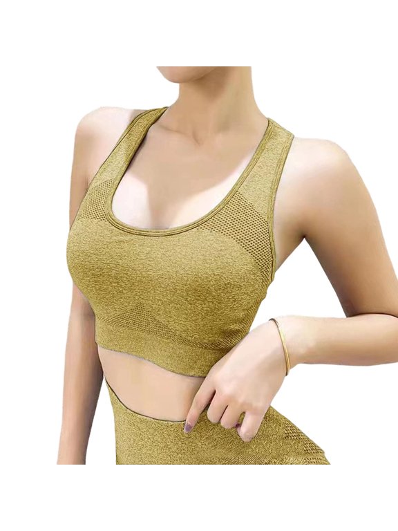 Women Heathered Mesh Racerback Sports Bra, U-Neck Yoga Tank Top, Seamless Breathable Workout Bralette, High Elasticity Activewear Underwear (Yellow,M)