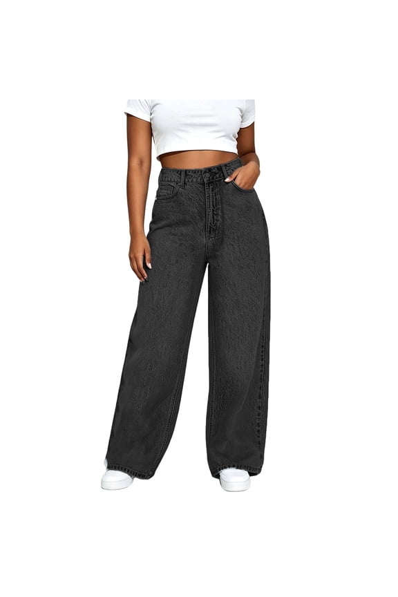 Women High Waist Button Fly Textured Wide Leg Floor Length Straight Denim Jeans with Side Pockets(Gray,M)