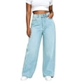 thumbnail image 1 of Floleo Women High Waist Button Fly Textured Wide Leg Floor Length Straight Denim Jeans with Side Pockets(Light Blue,XS), 1 of 5