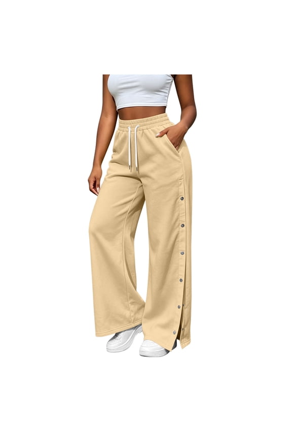 Women High Waist Drawstring Wide Leg Sweatpants,Pants Solid Knit Trousers with Side Pockets and Snap Button Split Hem for Sports Daily Street Outfits(Khaki,M)