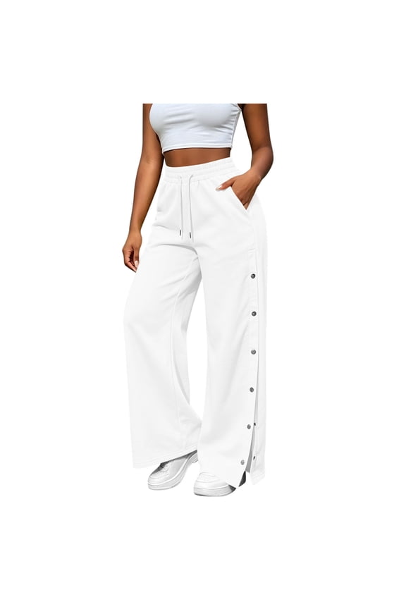 Women High Waist Drawstring Wide Leg Sweatpants,Pants Solid Knit Trousers with Side Pockets and Snap Button Split Hem for Sports Daily Street Outfits(White,M)