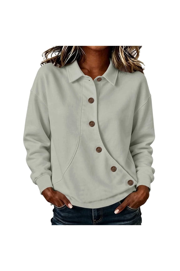 Women Lapel Diagonal Oblique Button Placket Long Sleeve Rib Cuff Loose Brushed Fleece Sweatshirt with Side Hand Pockets for Fall Winter Daily Sports Street Casual Outfits (Gray,S)