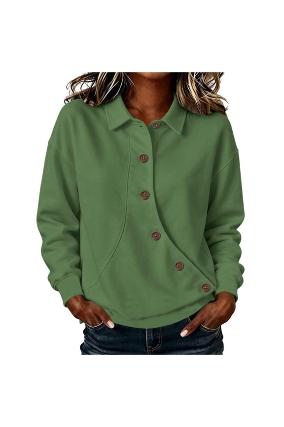 Women Lapel Diagonal Oblique Button Placket Long Sleeve Rib Cuff Loose Brushed Fleece Sweatshirt with Side Hand Pockets for Fall Winter Daily Sports Street Casual Outfits (Green,S)