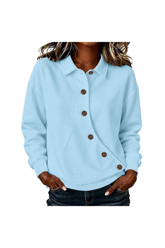 Women Lapel Diagonal Oblique Button Placket Long Sleeve Rib Cuff Loose Brushed Fleece Sweatshirt with Side Hand Pockets for Fall Winter Daily Sports Street Casual Outfits (Light Blue,S)