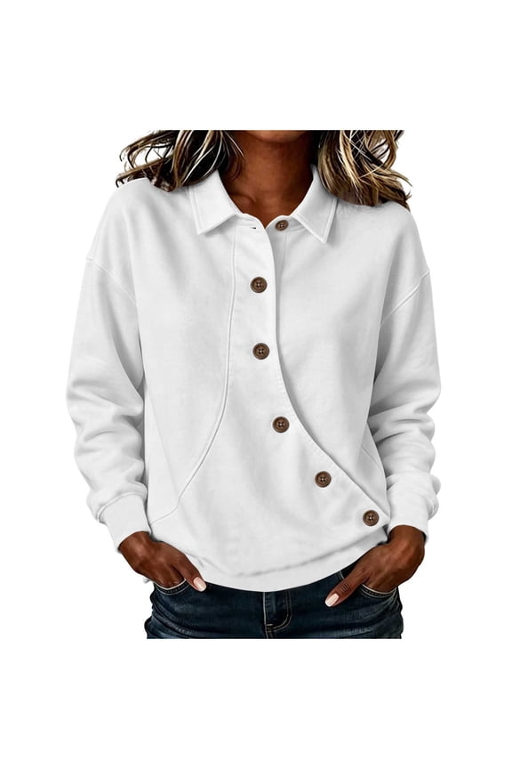 Women Lapel Diagonal Oblique Button Placket Long Sleeve Rib Cuff Loose Brushed Fleece Sweatshirt with Side Hand Pockets for Fall Winter Daily Sports Street Casual Outfits (White,S)