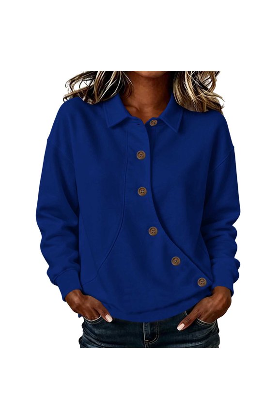 Women Lapel Diagonal Oblique Button Placket Long Sleeve Rib Cuff Loose Brushed Fleece Sweatshirt with Side Hand Pockets for Fall Winter Daily Sports Street Casual Outfits (Blue,S)