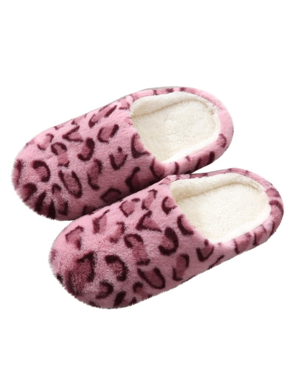 Women Leopard Print Fuzzy Closed Toe Mule Slippers Soft Silent Non Marking Flat Sole Warm Indoor House Slides For Wood Tile Floor Fall Winter Daily Rest Outfits(Red,10.5)