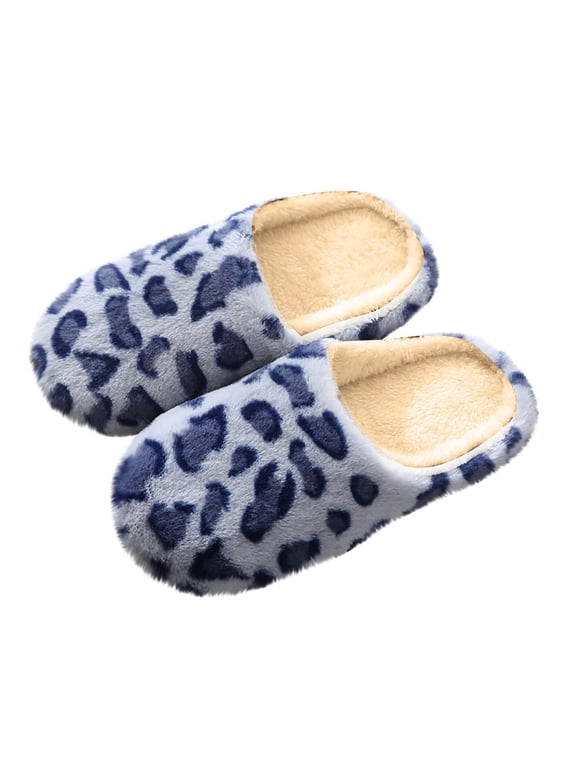 Women Leopard Print Fuzzy Closed Toe Mule Slippers Soft Silent Non Marking Flat Sole Warm Indoor House Slides For Wood Tile Floor Fall Winter Daily Rest Outfits(Gray,6.5-7)