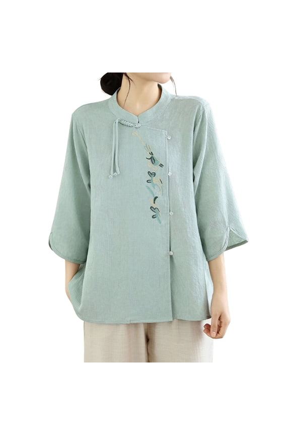 Women Mandarin Stand Collar Bird Floral Embroidery 3/4 Sleeve Frog Knot Blouse, Ladies Textured Solid Loose Asymmetric Placket Casual Top, Vacation Daily Shirt(Light Blue,M)