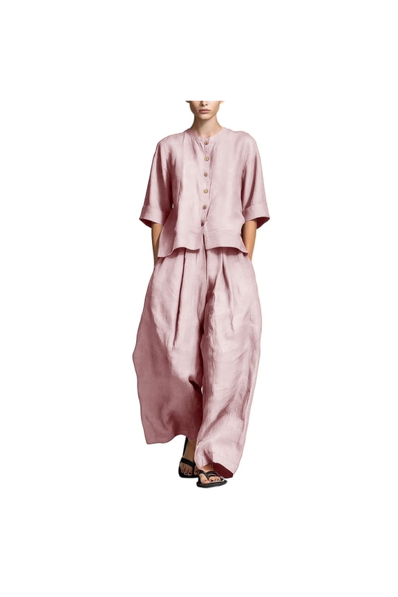 Women Matching Two Piece Outfit Sets, Two-Piece Suits, Crew Neck Three Quarter Sleeve Solid Button Front Outfits, Oversized Wide Leg Coordinating Two-Piece Clothing Sets(Pink,3XL)