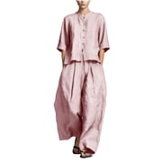 Floleo Women Matching Two Piece Outfit Sets, Two-Piece Suits, Crew Neck Three Quarter Sleeve Solid Button Front Outfits, Oversized Wide Leg Coordinating Two-Piece Clothing SetsPink,3XL