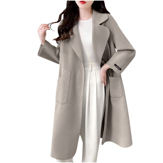 Floleo Women Notched Lapel Mid Length Wool Blend Coat Open Front Loose Oversized Long Sleeve Warm Outerwear With Large Patch Pockets For Fall Winter Daily Commute Outfits(Khaki,2XL)