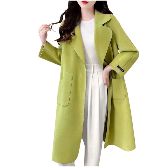 Floleo Women Notched Lapel Mid Length Wool Blend Coat Open Front Loose Oversized Long Sleeve Warm Outerwear With Large Patch Pockets For Fall Winter Daily Commute Outfits(Green,S)