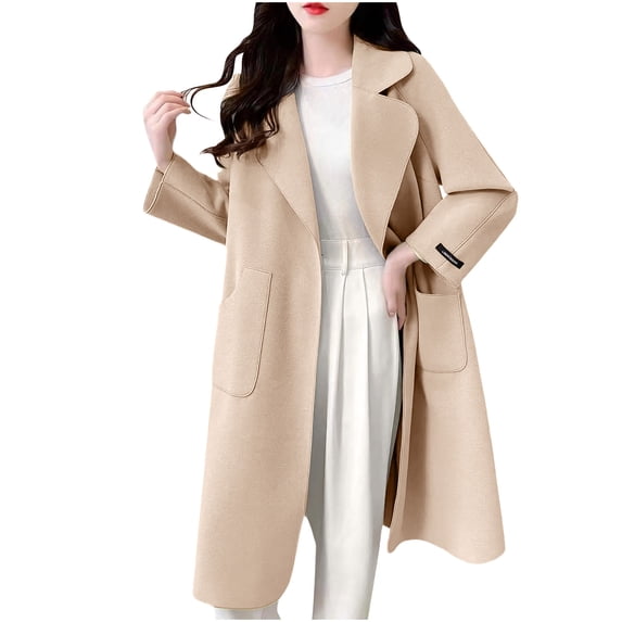 Floleo Women Notched Lapel Mid Length Wool Blend Coat Open Front Loose Oversized Long Sleeve Warm Outerwear With Large Patch Pockets For Fall Winter Daily Commute Outfits(Beige,XL)