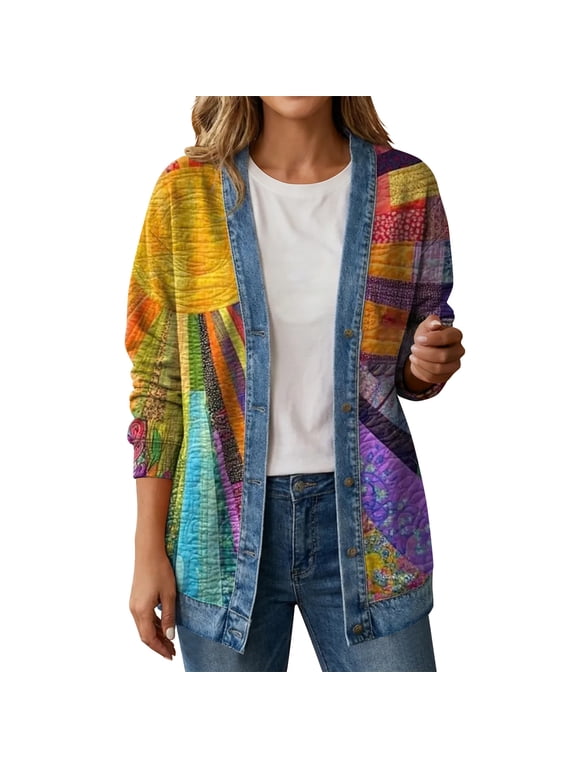 Women Patchwork Quilt Print Denim Trim Open Front Shirt Jacket, Long Sleeve Hoodless Casual Outerwear For Spring Autumn Daily Street Outfits(Multicolor,L)