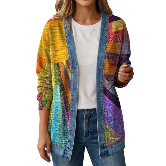 Floleo Women Patchwork Quilt Print Denim Trim Open Front Shirt Jacket, Long Sleeve Hoodless Casual Outerwear For Spring Autumn Daily Street Outfits(Multicolor,M)