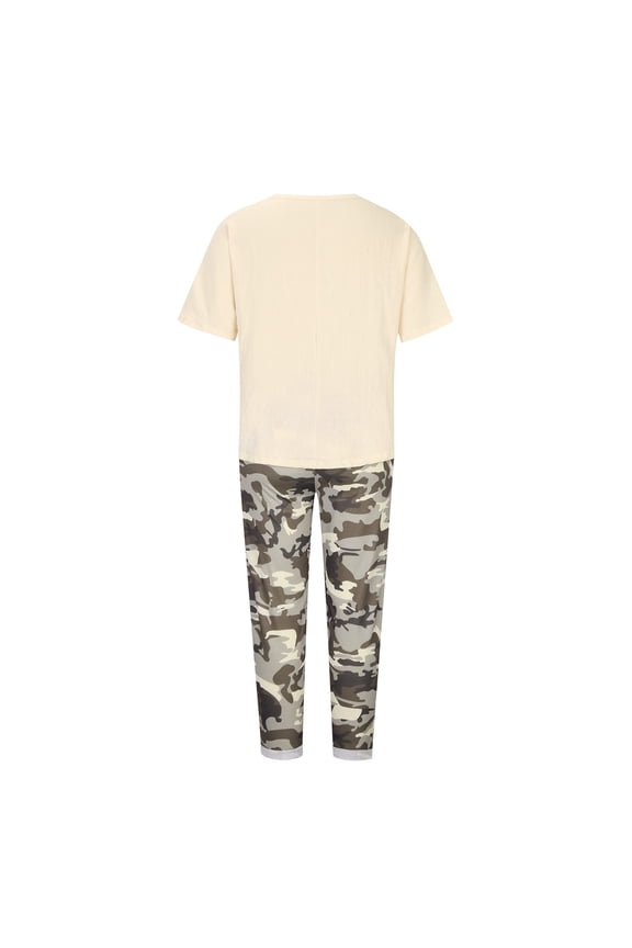 Women Print Round Neck 3/4 Sleeve Irregular Top Camo Patchwork Drawstring Pants 2 Piece Loungewear Set
