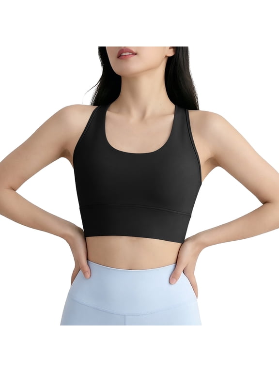 Women Racerback Longline Sports Bra, U-Neck Workout Crop Top, Medium Support Yoga Bralette, Everyday Activewear Underwear (Black,S)