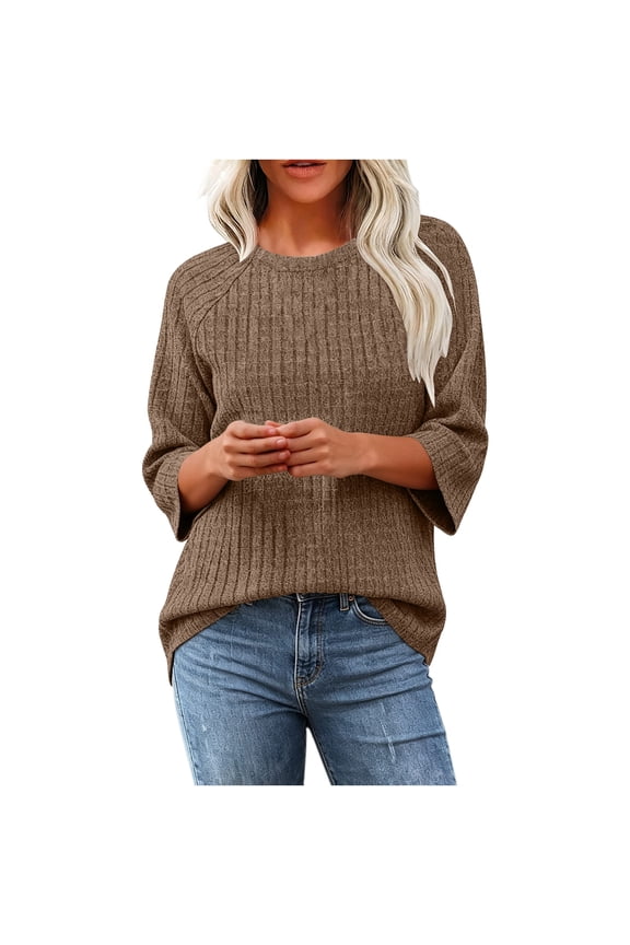 Women Raglan Crew Neck Vertical Waffle Rib Knit 3/4 Flare Sleeve Pullover Top, Soft Heather Solid Loose Curved Hem Casual Blouse for Fall Winter Daily Office Loungewear Outfits (Khaki,S)