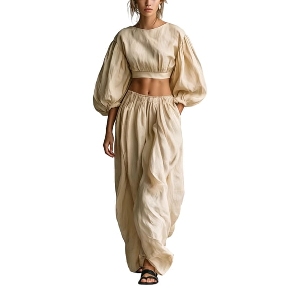 Floleo Women Round Neck Bubble Three Quarter Sleeve Cropped Top & Elastic Waist Wide Leg Pocket Pants Two Piece Matching Set For Spring Summer Vacation Dating Party Daily Workplace Outfits (Beige,S)