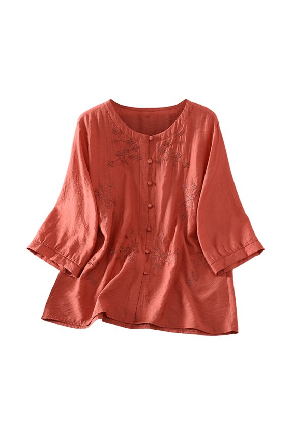 Women Round Neck Floral Embroidery 3/4 Sleeve Button Front Blouse, Ladies Textured Solid Loose Casual Top, Soft Breathable Spring Summer Literary Vacation Daily Shirt (Orange,L)
