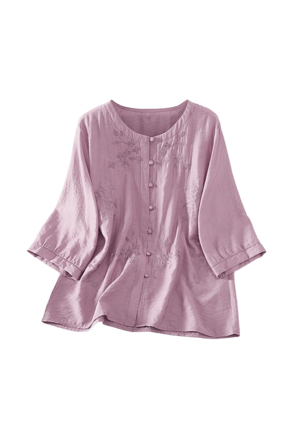 Women Round Neck Floral Embroidery 3/4 Sleeve Button Front Blouse, Ladies Textured Solid Loose Casual Top, Soft Breathable Spring Summer Literary Vacation Daily Shirt (Purple,3XL)