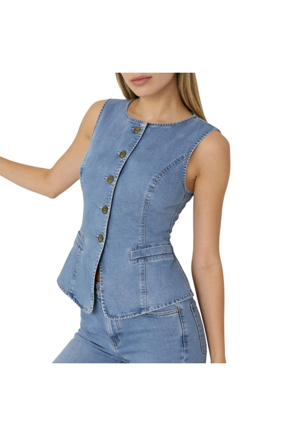Women Round Neck Sleeveless Button Front Denim Vest Fitted Peplum Hem Twin Fake Pocket Casual Jean Waistcoat Layering Outwear For Daily Dating Street Outfits(Light Blue,S)