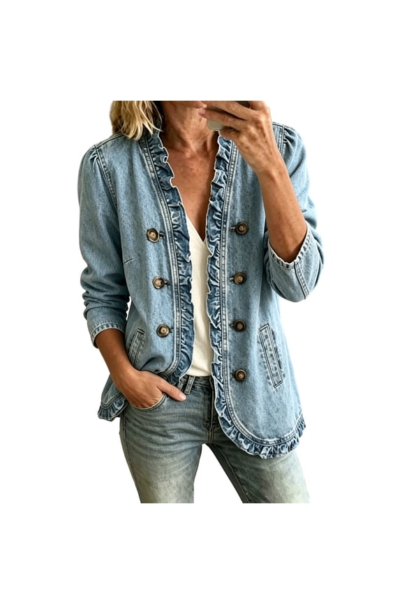 Women Ruffled Trim Round Neck Double Row Button Front Washed Denim Jacket Long Sleeve Loose Casual Layering Outerwear With Side Hand Pockets(Blue,M)