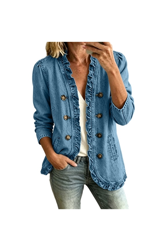 Women Ruffled Trim Round Neck Double Row Button Front Washed Denim Jacket Long Sleeve Loose Casual Layering Outerwear With Side Hand Pockets(Sky Blue,S)